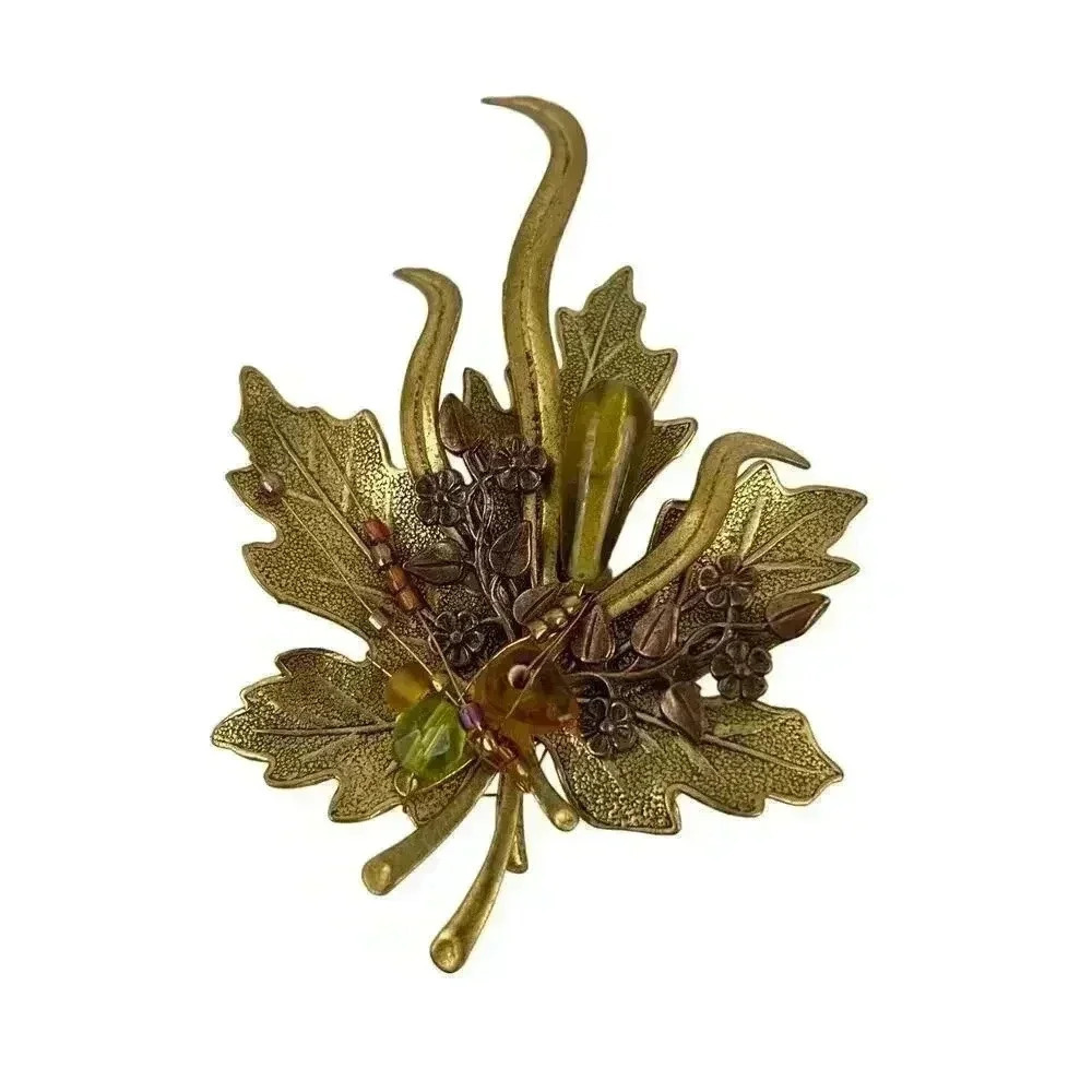 VTG Bronze Tone Maple Leave Metal Brooch Pin Beaded 90s